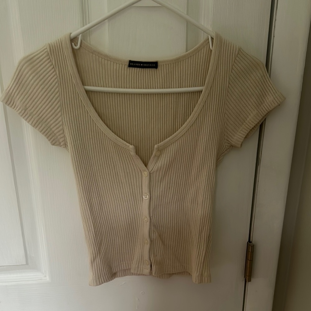 Brandy Melville Cream Ribbed Button Down Crop Top